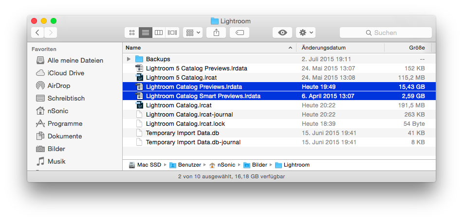 Die Lightroom-Datei mit den Smart Previews ist erwartungsgemäß etwas gewachsen