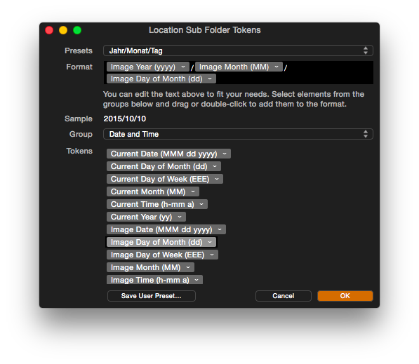 Capture One – Import – Verzeichnisnamen und Dateinamen können mit Variablen zusammengebaut werden