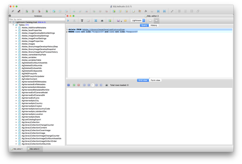 Lightroom 6 – Bearbeitungs-Historie gezielt löschen – SQL als Seziermesser. ACHTUNG: Nur nachmachen wenn Ihr genau wisst was Ihr da tut!